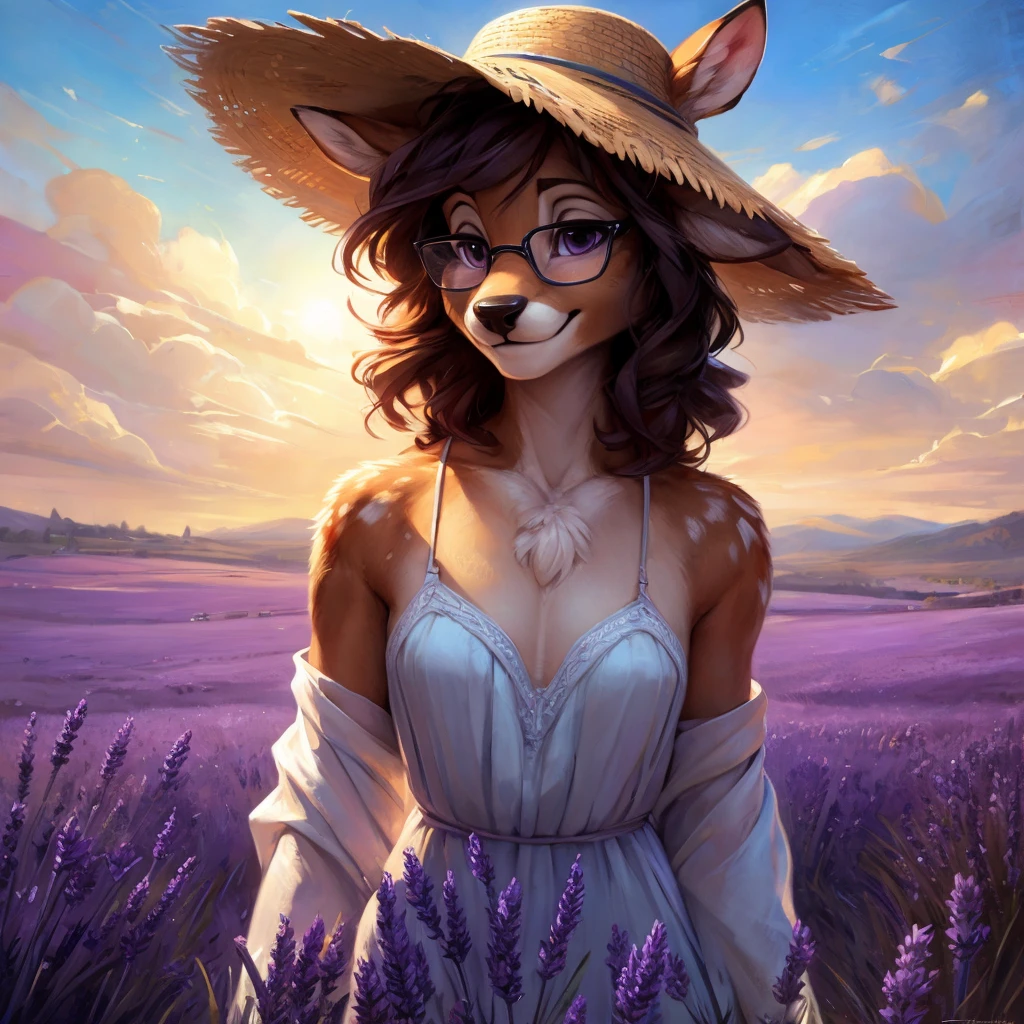uploaded on e621, by Pixelsketcher, by Bayard Wu, by Thomas Benjamin Kennington , by Einshelm, by hioshiru and kenket, Chunie, portrait, solo anthro female deer doe, with small featureless breasts, clear dark blue, cinematic lighting, day, sunny day, lavender field, stays in a lavender field, lavender field background, mediterranean background, horizon background, shiny, short curly dark brown hair, wears big black nerd glasses, very very beautiful furry art, furry art, smiling, joyful, shiny, happy, feminine, cute face, muzzle, fluffy chest, flawless face, Fallow deer, 1girl, Sakimichan is beautiful, Masterpiece, Wavethesallow Face, shiny, Detailed image, portrait, Detailed image, portrait, full body, wearing pure white and wide spaghetti straps dress, wearing big and wide beige summer straw hat, shiny, realistic face, perfect anatomy, hourglass body, (furry body:1.1), anthropomorphic deer, looks at the viewer, small fluffy tail, detailed background, (cute anatomy:1.1), stands in a lavender field
