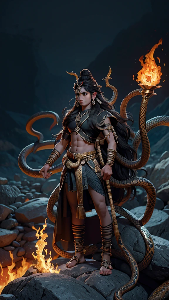Lord shiva standing on black rock with trishul a huge snake behind him, fire on ground , detailed shiva, detailed snake, detailed fire, detailed rocks, detailed ground, best quality, highly detailed, masterpiece, 8k wallpaper.