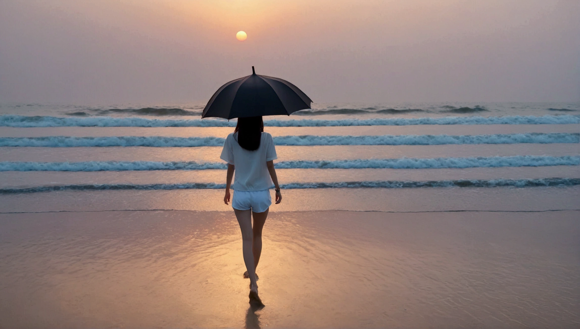 8k, Vivid picture quality, Vivid picture quality, long deserted beach, walking slowly from afar, short medium hair, beautiful appearance, Model-like body, sunset의 붉은 빛, sunset, alone, afternoon, depressed, tide가 밀려온다, rain, black umbrella, ocean, tide, wind, Short and slim Korean woman, wearing a top and white shorts