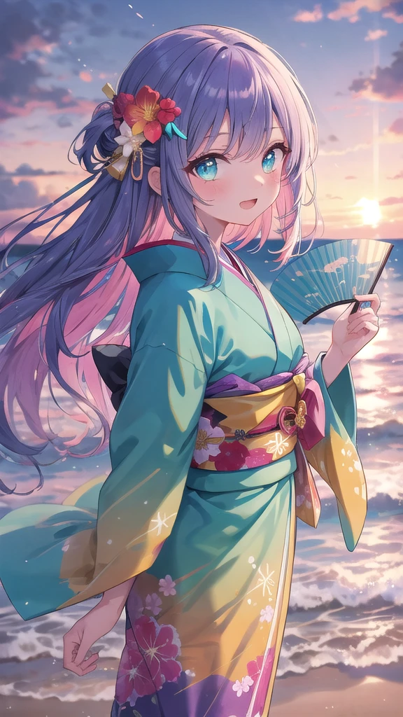 (8K, best quality, master piece: 1.2),super high resolution,1 girl, solo, cowboy shot ,ultra-detailed face, silme, Rainbow hair, thin hair clip, cyan colorshift eyes, expressive eyes, Ecstatic expression, Elegant kimono, silk, satin, red, gold, fan, Kanzashi hair ornament, Beach at sunset, orange, pink, purple, bright but with sunset shadows