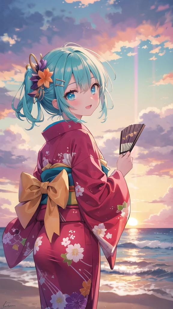 (8K, best quality, master piece: 1.2),super high resolution,1 girl, solo, cowboy shot ,ultra-detailed face, silme, Rainbow hair, thin hair clip, cyan colorshift eyes, expressive eyes, Ecstatic expression, Elegant kimono, silk, satin, red, gold, fan, Kanzashi hair ornament, Beach at sunset, orange, pink, purple, bright but with sunset shadows