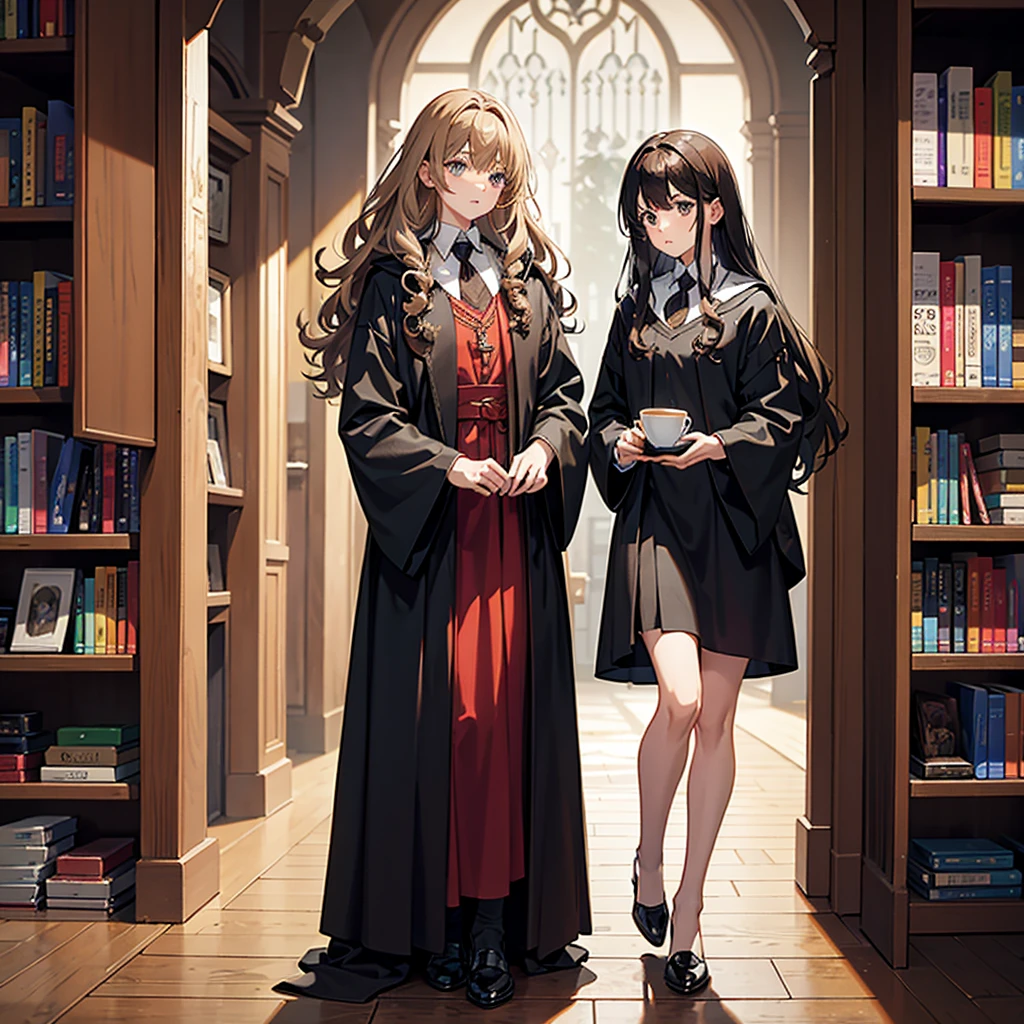 Hair: Brown and very curly, often described as messy or frizzy.
Eyes: brown.
Quick: Clara.
teeth: Originally had large front teeth, but this is magically corrected in the fourth book, "Harry Potter and the Goblet of Fire".
height: Of medium height.
Constitution: slim.
Clothes: He is usually seen wearing the Hogwarts uniform., which includes a black robe. out of school, wear casual but practical clothing.