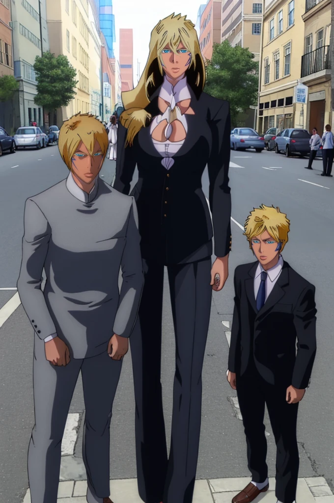 Tall wife in the middle, short husband in the left, short son in the right, beautiful faces, wife is wearing suit and pants, wife has big , wife is showing cleavage, wife is ripped, wife's suit has a belly button cutout, wife has ripped visible abs, make the girls even more taller than the boys, boys are very thin and weak, boys wearing suit and pants, wife is standing barefoot, boys are wearing office shoes