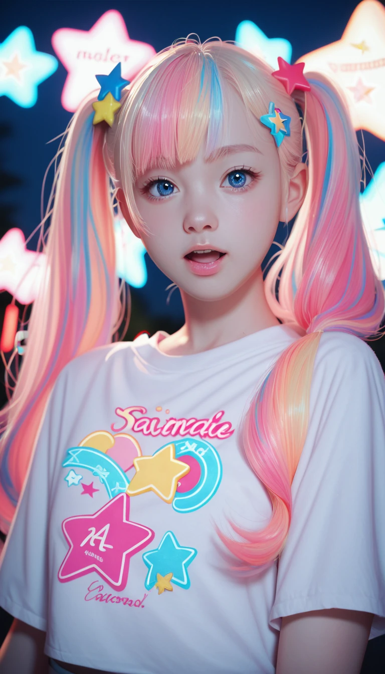 score_9_up, score_8_up, score_7_up, score_6_up, 1girl, solo, pastel colors, open mouth, long hair, star , (symbol), star hair ornament, hair ornament, twintails, looking at viewer, blue eyes, pastel neon lighting, source_anime, neon, neon theme , 