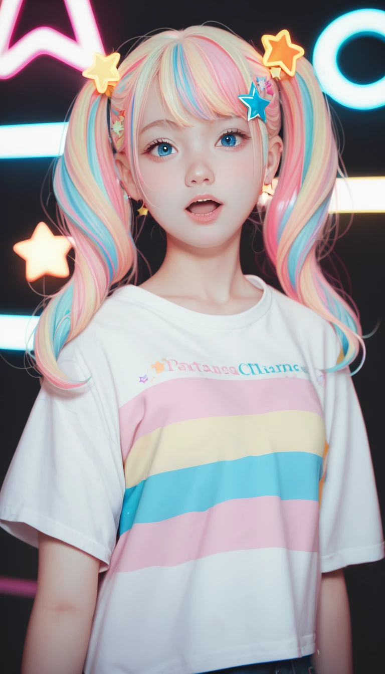 score_9_up, score_8_up, score_7_up, score_6_up, 1girl, solo, pastel colors, open mouth, long hair, star , (symbol), star hair ornament, hair ornament, twintails, looking at viewer, blue eyes, pastel neon lighting, source_anime, neon, neon theme ,