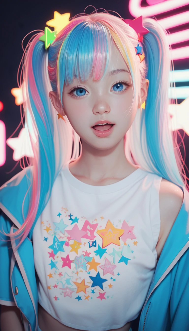 score_9_up, score_8_up, score_7_up, score_6_up, 1girl, solo, pastel colors, open mouth, long hair, star , (symbol), star hair ornament, hair ornament, twintails, looking at viewer, blue eyes, pastel neon lighting, source_anime, neon, neon theme , 