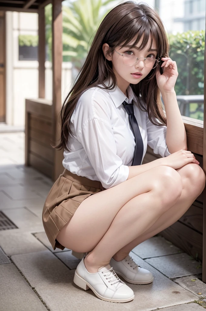 squatting, raw photo, masterpiece, top quality, high-resolution, cute Japan, big, embarrassed, embarrassed, blush, girl alone, attractive body, faded ash-gray hair, G-cup, wavy long hair, school uniform, thighs, white socks, unbuttoned open shirt, tight shirt, sheer bra, ribbon on the head, serafuku, very short skirt, school bag, loafers, White pantyhose, panty shot, soaring skirt, ((The wind blows up from below, skirt flips)), fluttering skirt, fluttering hair, panties, blush, evening, woman with gust of wind blowing up from below and skirt flipping up, revealing white pants, looking at this, looking upwards