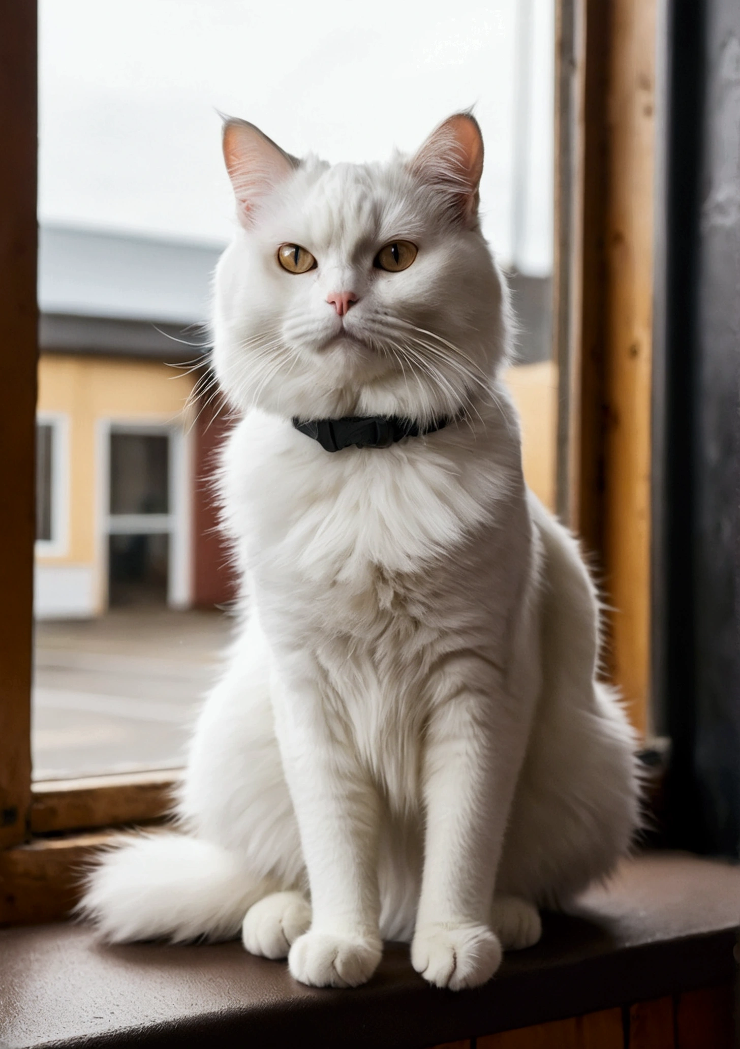 "A cute white cat named Milk with fluffy fur, sitting by a window and gazing dreamily at a boxing gym. The gym is filled with strong, determined boxers training hard. Milk looks small but has a determined expression."