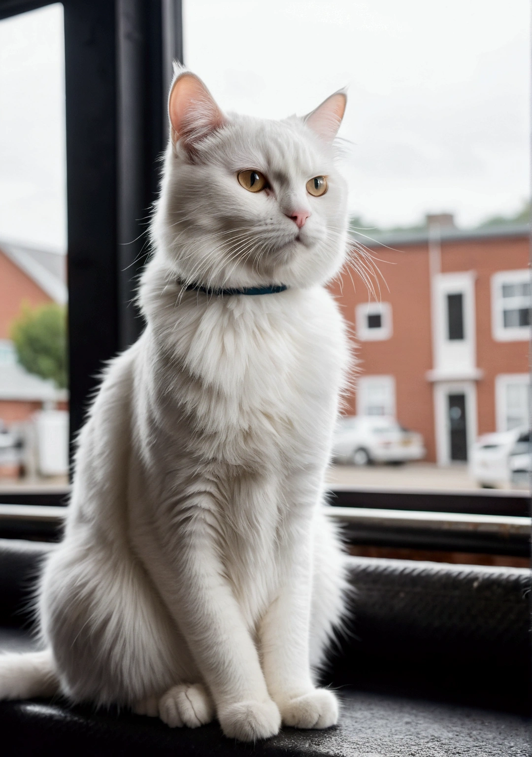 "A cute white cat named Milk with fluffy fur, sitting by a window and gazing dreamily at a boxing gym. The gym is filled with strong, determined boxers training hard. Milk looks small but has a determined expression."