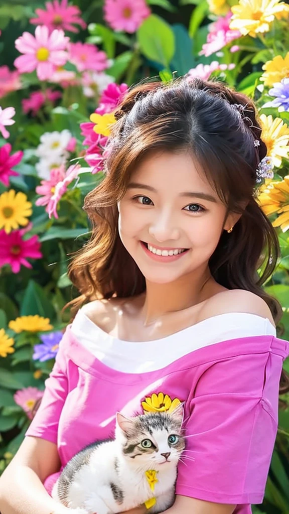 Redrawing Smiling Face Off-the-shoulder T-shirt Holding a Kitten Colorful flowers blooming in the background
