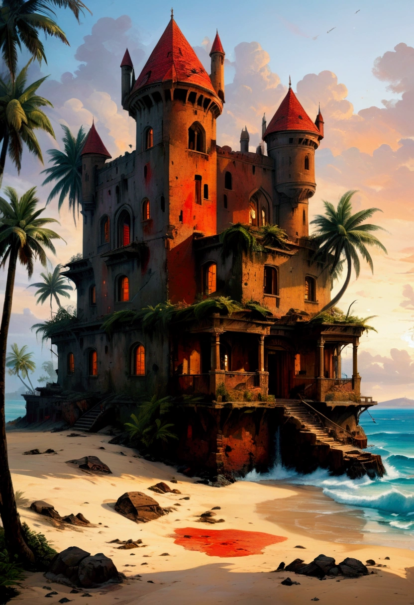 rafed, an oil painting of an island of mystery, an island of enigma, an island of secrecy, there some palm trees, white and red sand, some mist surrounds the island, it is the time between the night an day, the sun is in the horizon and some stars are still in the sky, the ruins of ancient tower are visible, veins crawling on it, dynamic angle, Ultra-high resolution, High Contrast, (masterpiece:1.5), highest quality, Best aesthetics), 16K fantasy art, best details, best quality, highres, ultra wide angle, 16k, [ultra detailed], masterpiece, best quality, (extremely detailed), 