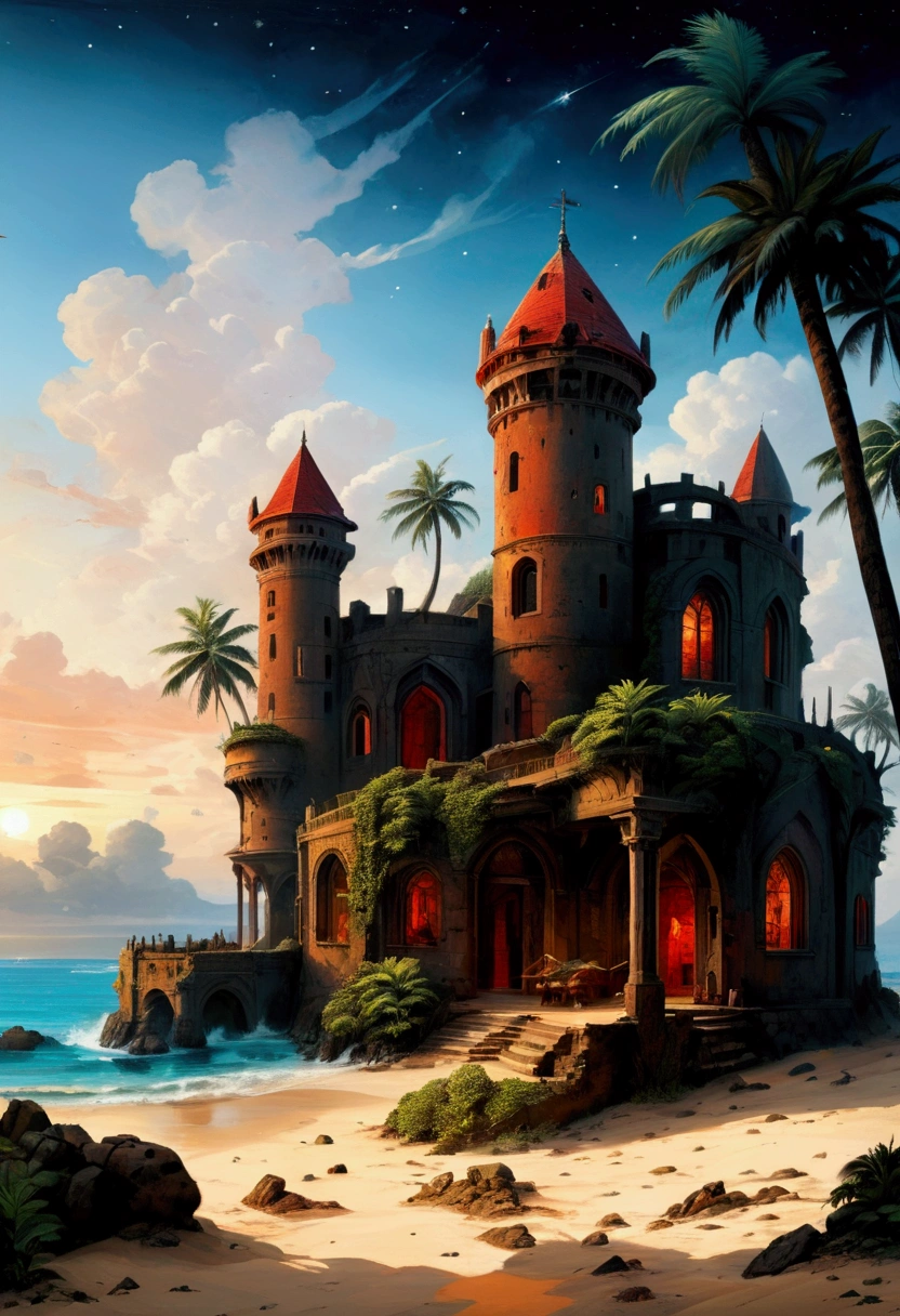 rafed, an oil painting of an island of mystery, an island of enigma, an island of secrecy, there some palm trees, white and red sand, some mist surrounds the island, it is the time between the night an day, the sun is in the horizon and some stars are still in the sky, the ruins of ancient tower are visible, veins crawling on it, dynamic angle, Ultra-high resolution, High Contrast, (masterpiece:1.5), highest quality, Best aesthetics), 16K fantasy art, best details, best quality, highres, ultra wide angle, 16k, [ultra detailed], masterpiece, best quality, (extremely detailed), 