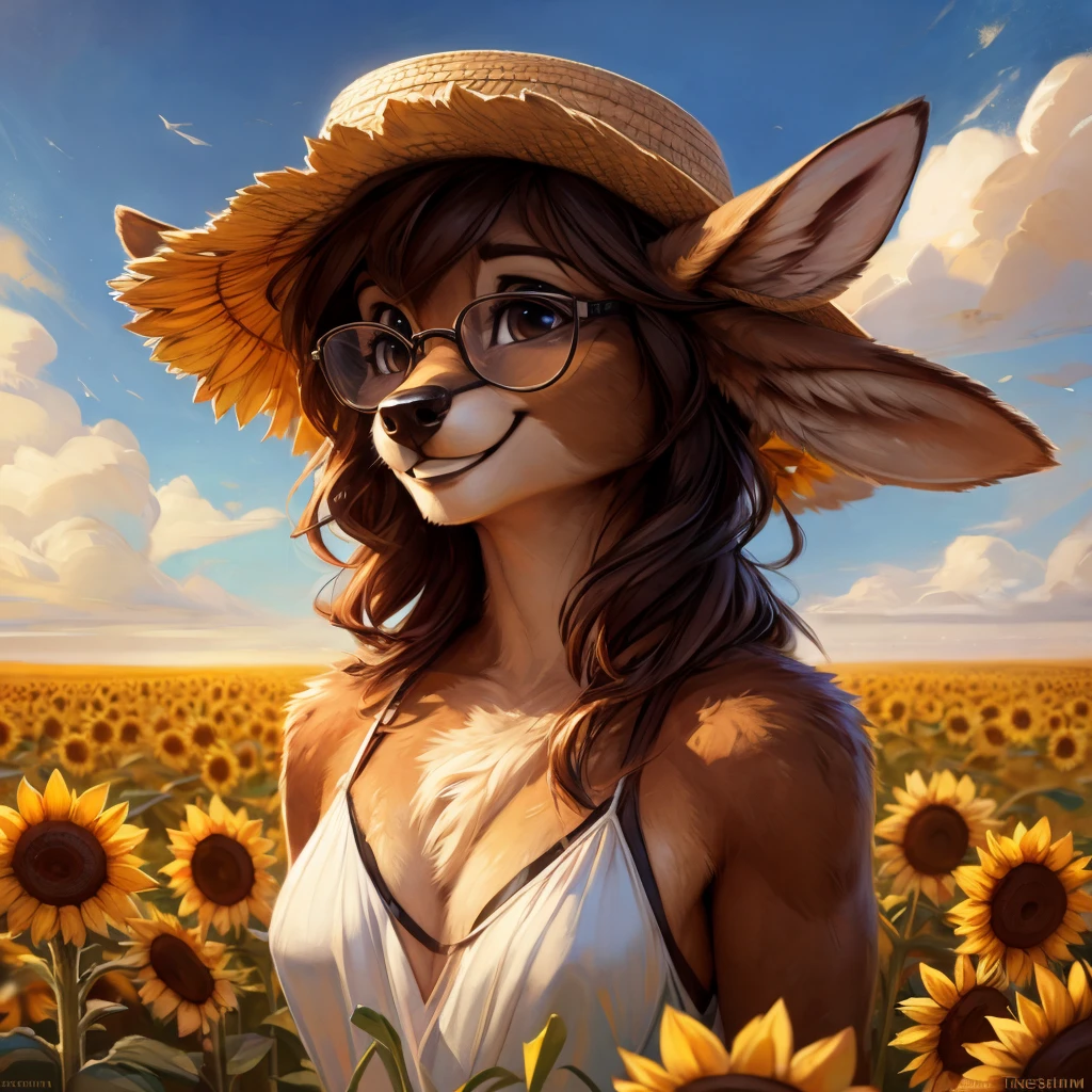 uploaded on e621, by Pixelsketcher, by Bayard Wu, by Thomas Benjamin Kennington , by Einshelm, by hioshiru and kenket, Chunie, portrait, solo anthro female deer doe, with small featureless breasts, clear dark blue, cinematic lighting, day, sunny day, sunflower field, stands in a high sunflower field, sunflower field background, sunflowers, mediterranean background, horizon background, shiny, chin short curly dark brown hair, wears big black nerd glasses, very very beautiful furry art, furry art, smiling, joyful, shiny, happy, feminine, cute face, muzzle, fluffy chest, flawless face, Fallow deer, 1girl, Sakimichan is beautiful, Masterpiece, Wavethesallow Face, shiny, Detailed image, portrait, Detailed image, portrait, full body, wearing pure white and wide spaghetti straps dress, wearing big and wide beige summer straw hat, shiny, realistic face, perfect anatomy, hourglass body, (furry body:1.1), anthropomorphic deer, looks at the viewer, small fluffy tail, detailed background, (cute anatomy:1.1)