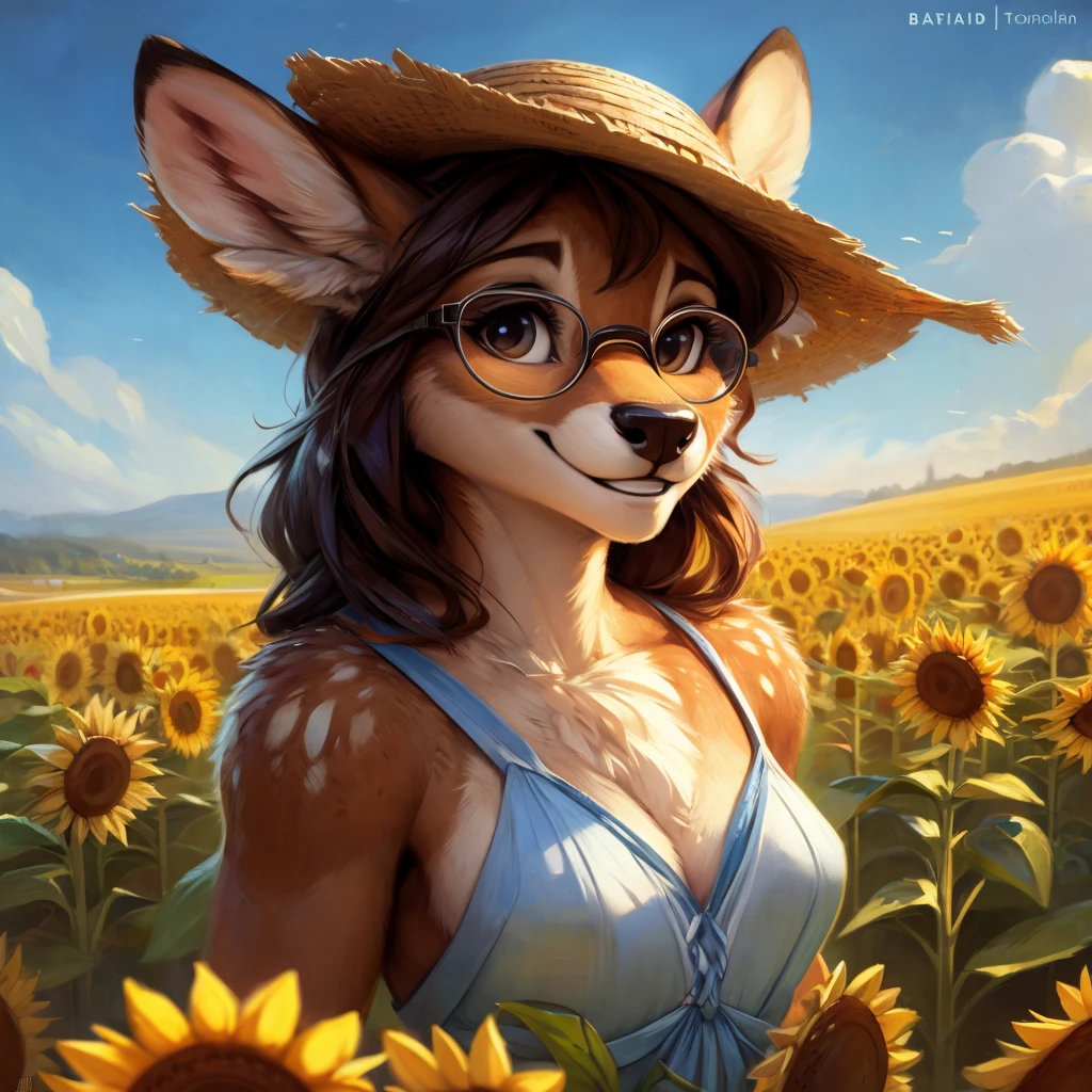uploaded on e621, by Pixelsketcher, by Bayard Wu, by Thomas Benjamin Kennington , by Einshelm, by hioshiru and kenket, Chunie, portrait, solo anthro female deer doe, with small featureless breasts, clear dark blue, cinematic lighting, day, sunny day, sunflower field, stands in a high sunflower field, sunflower field background, sunflowers, mediterranean background, horizon background, shiny, chin short curly dark brown hair, wears big black nerd glasses, very very beautiful furry art, furry art, smiling, joyful, shiny, happy, feminine, cute face, muzzle, fluffy chest, flawless face, Fallow deer, 1girl, Sakimichan is beautiful, Masterpiece, Wavethesallow Face, shiny, Detailed image, portrait, Detailed image, portrait, full body, wearing pure white and wide spaghetti straps dress, wearing big and wide beige summer straw hat, shiny, realistic face, perfect anatomy, hourglass body, (furry body:1.1), anthropomorphic deer, looks at the viewer, small fluffy tail, detailed background, (cute anatomy:1.1)