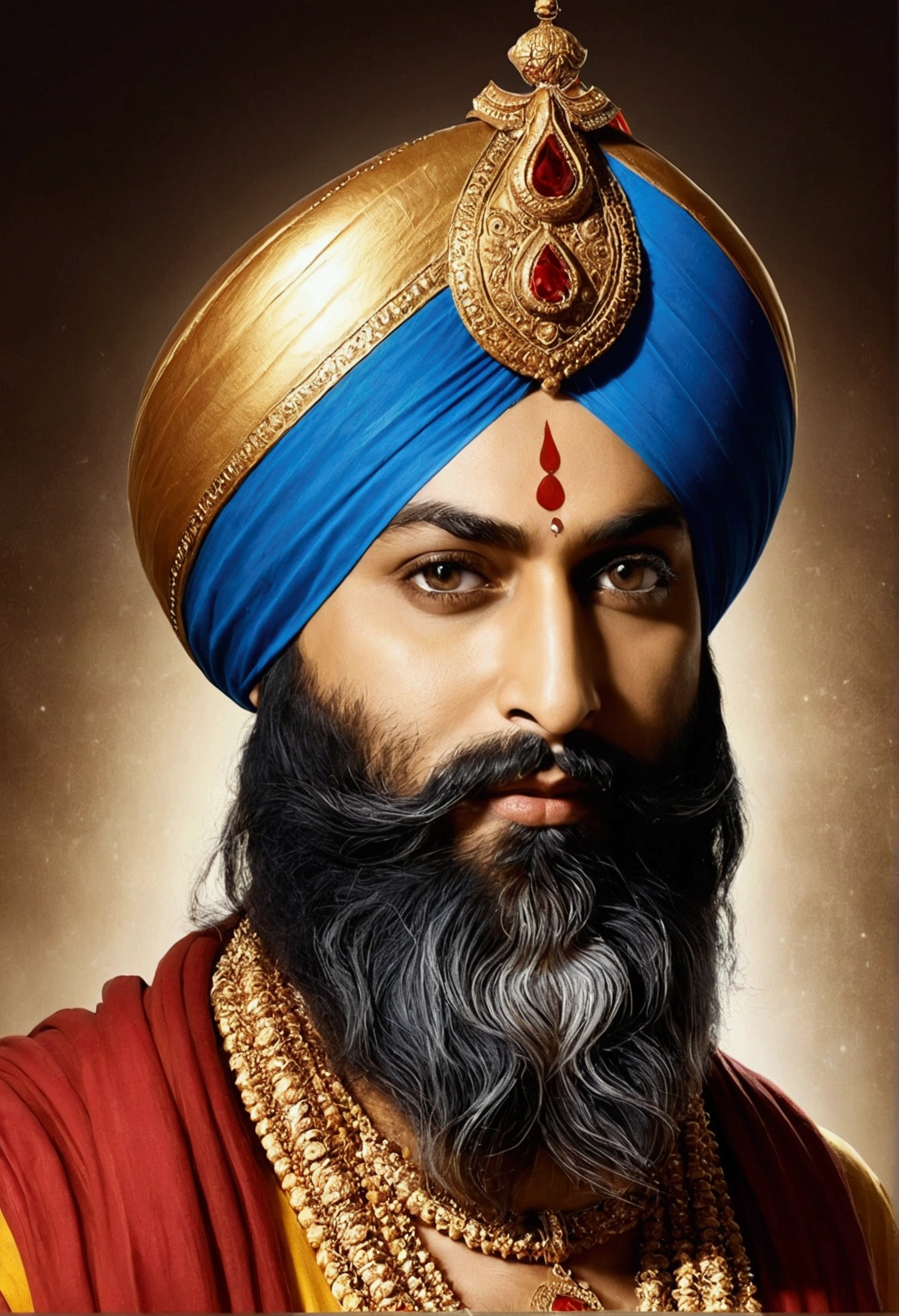 Illustrate a noble king in traditional Sikh attire with a crown decorated with Khanda symbols. The scene should include iconic Sikh architecture like the Golden Temple.