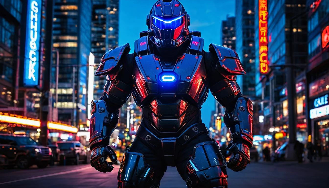 Mech suit ready for battle, full body shot, Vancouver, high-quality artwork, metal armour, intense lighting, cityscape background, heroic pose, dramatic shadows, carbon fiber suit with black paint job and red neon lights, ?????? helmet with blue visor, video game, blue electric fists, futuristic synth wave cyberpunk, hulkbuster with goalie ?????? mask design
