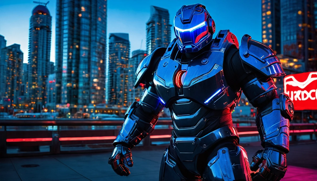 Mech suit ready for battle, full body shot, Vancouver, high-quality artwork, metal armour, intense lighting, cityscape background, heroic pose, dramatic shadows, carbon fiber suit with black paint job and red neon lights, hockey helmet with blue visor, video game, blue electric fists, futuristic synth wave cyberpunk, hulkbuster with goalie hockey mask design