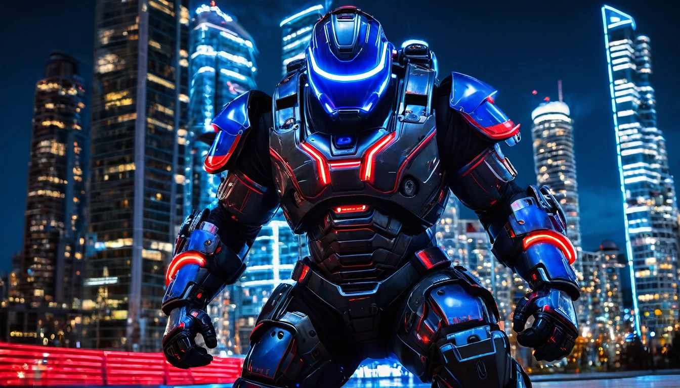 Mech suit ready for battle, full body shot, Vancouver, high-quality artwork, metal armour, intense lighting, cityscape background, heroic pose, dramatic shadows, carbon fiber suit with black paint job and red neon lights, hockey helmet with blue visor, video game, blue electric fists, futuristic synth wave cyberpunk, hulkbuster with goalie hockey mask design