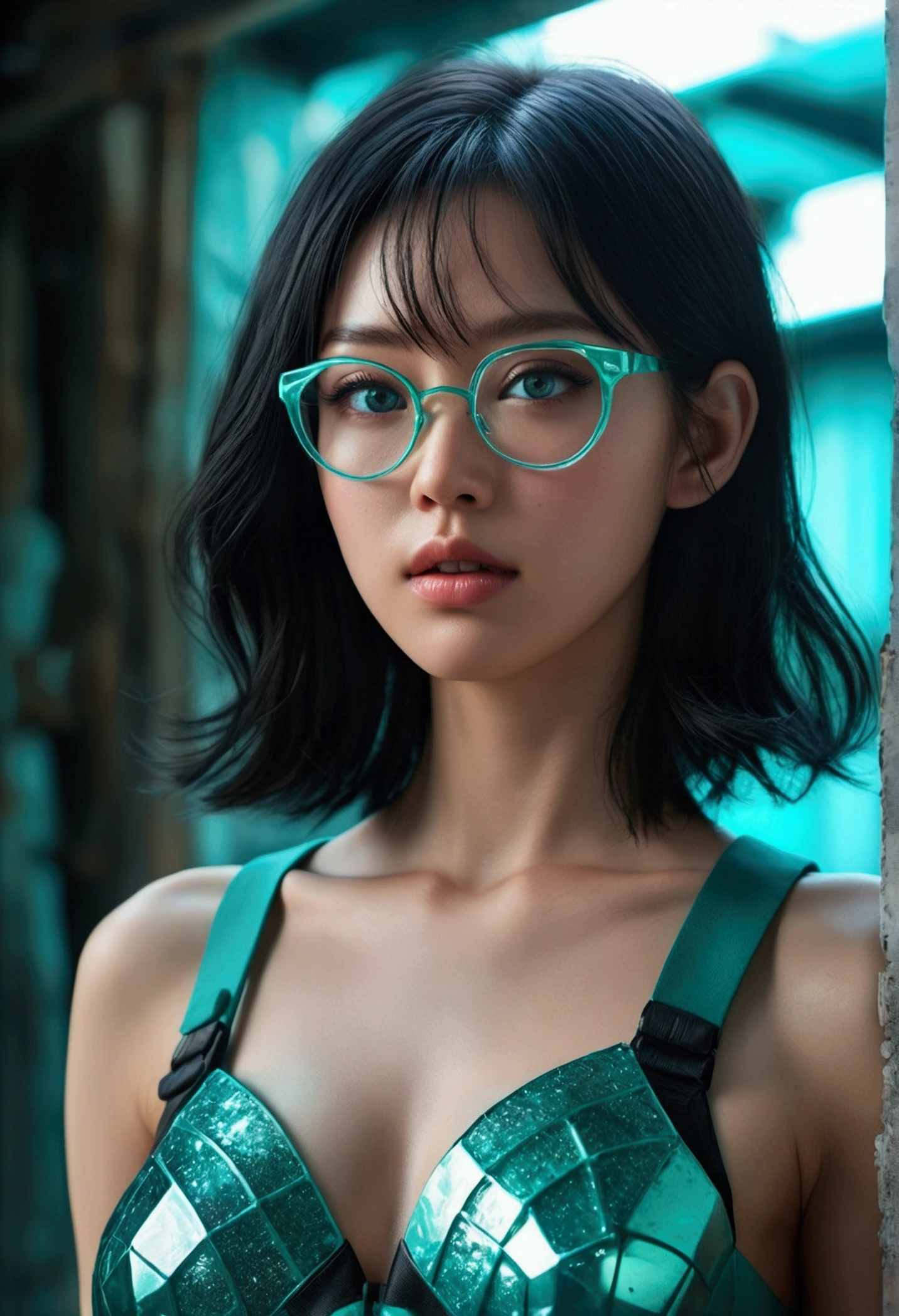 Glasses,wide bob cut, Cinematic composition、Unexpected angles、born々New skin texture、Arm hair、Realistic skin texture (1.8), Pore details (1.7), Fine vellus hair (1.7), Micro skin relief (1.6), Natural skin moisture (1.5), Skin translucency (1.6), Soft skin highlights (1.7), Subtle goosebumps (2.5), Subsurface scattering (1.7), Macro skin detail (1.8)Black sleeveless、pores、 Dark Room,Always Details,finely,High resolution, HDR,Deep Shadows,High Contrast,(8k、born写真、Highest quality、masterpiece:1.2)、(Realistic,Photorealistic:1.8) ,whole body,Amazing beautiful eyes,Natural Lip,(Saggy breasts:1.1)（ Squint eyes :1.5）1 girl、Seeing the viewer、Beautifully detailed face,,Half-open mouth,、narrow,Floating Hair,Monochrome Tiffany Blue, Highest quality, Super Fine, 16K, Unbelievably absurd, 非Always Details, delicate and dynamic, pretty girl, Three-dimensional effect expressed through light and shadow, Eye-catching effect, modern art, Monochrome Tiffany Blue, Highest quality, Super Fine, 16K, Unbelievably absurd, 非Always Details, delicate and dynamic, pretty girl, Three-dimensional effect expressed through light and shadow,Low - Angle、 Emerald green eyes、Part of the clothing is see-through、Cinematic angles、optical fiber、Connected Cord、Illuminated parts See-through parts、Cyberpunk cityscape, young woman with long black hair wearing an emerald green powered exosuit, standing in a contemplative pose amidst the neon-lit ruins, textured digital art with muted tones and subtle ambient noise, detailed and intricate illustration, dystopian and gritty yet beautiful, a glimmer of hope in the decay,Fish Girl in Sci-fi translucent mechanical bikini ++,The bikini is see-through and sparkly