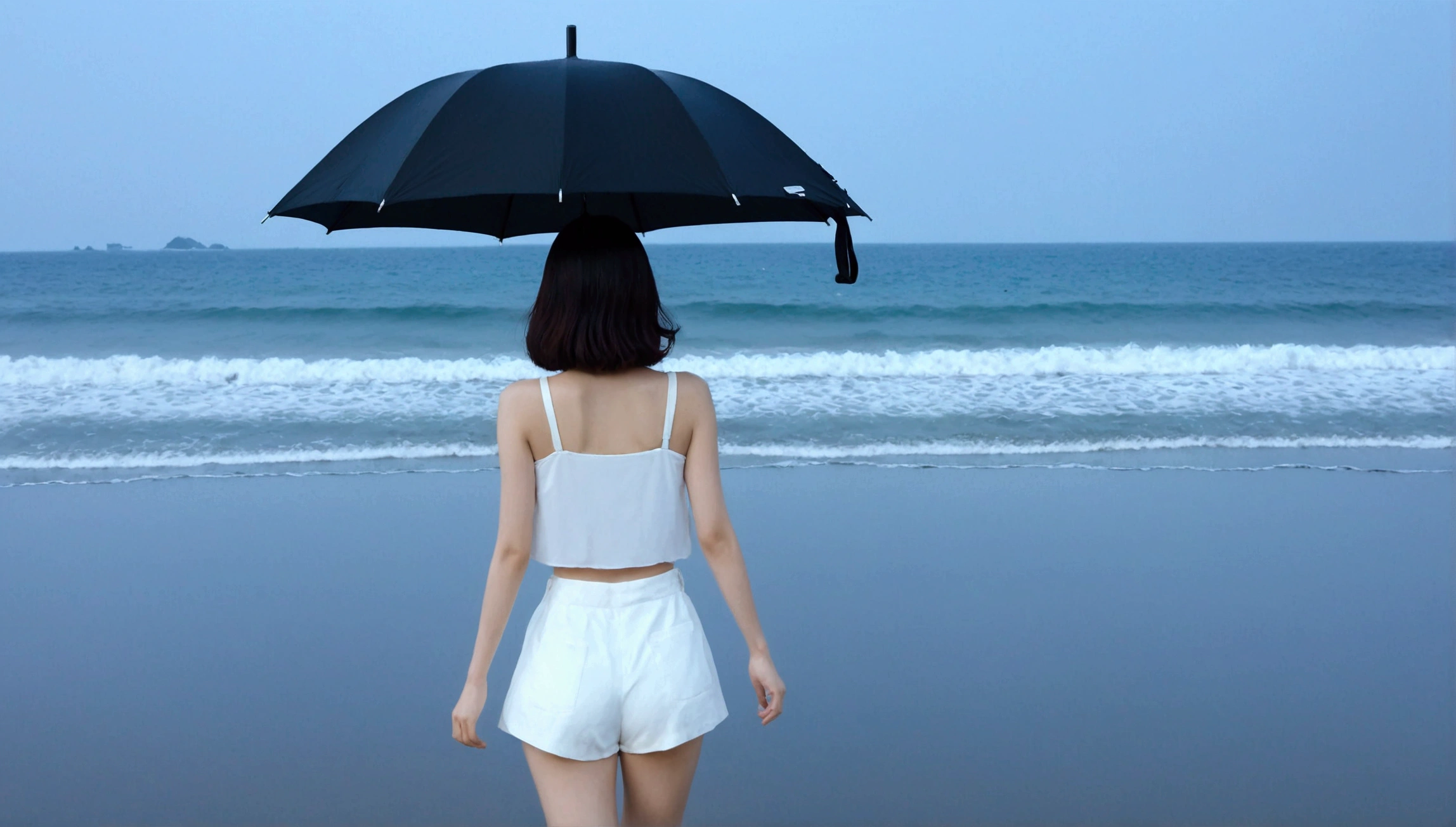 8k, Vivid picture quality, Vivid picture quality, long deserted beach, walking slowly from afar, short medium hair, beautiful appearance, Model-like body, sunset의 붉은 빛, sunset, alone, afternoon, depressed, tide가 밀려온다, rain, black umbrella, ocean, tide, wind, rain가 내리는, Short and slim Korean woman, wearing a top and white shorts