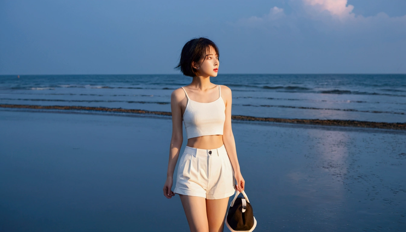 8k, Vivid picture quality, Vivid picture quality, long deserted beach, walking slowly from afar, short medium hair, beautiful appearance, Model-like body, sunset의 붉은 빛, sunset, alone, afternoon, depressed, tide가 밀려온다, rain, black umbrella, ocean, tide, wind, rain가 내리는, Short and slim Korean woman, wearing a top and white shorts