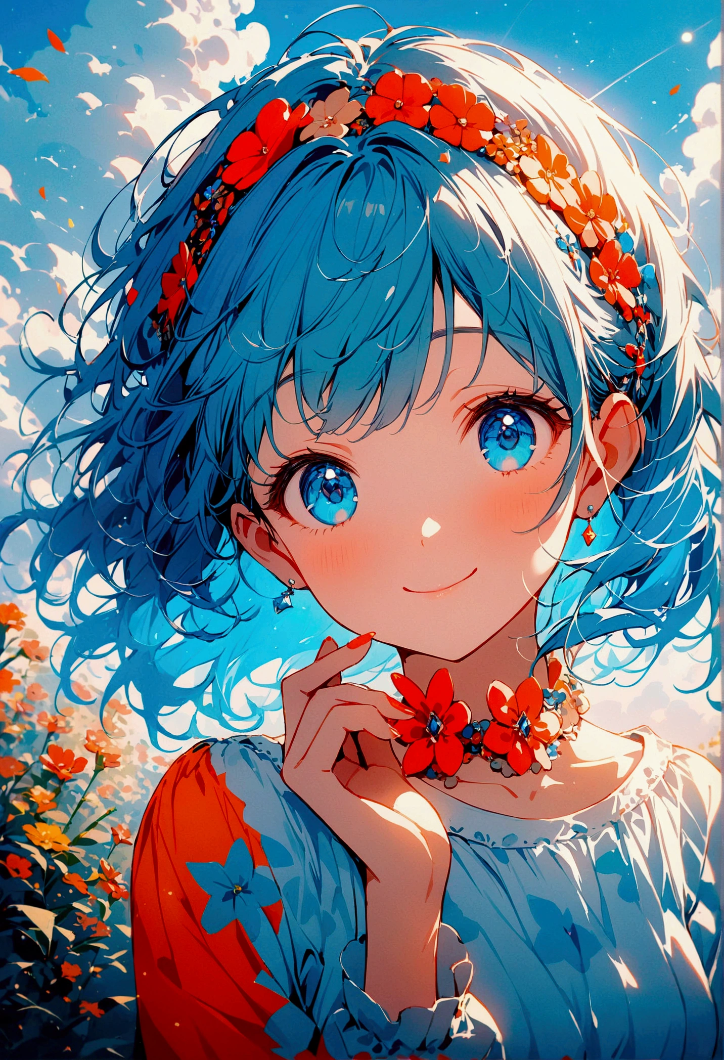 Systemic manifestations、1 girl、alone、blue eyes、Cyanogen background、bright、blue sky、cloud、sunny、Young people、Blue and white main colors、Orange Subconc、aloneフォーカス、nice、like、accessories、smile、beautiful髪型、beautiful、beautiful目、Background Main Gloss、Very comfortable、