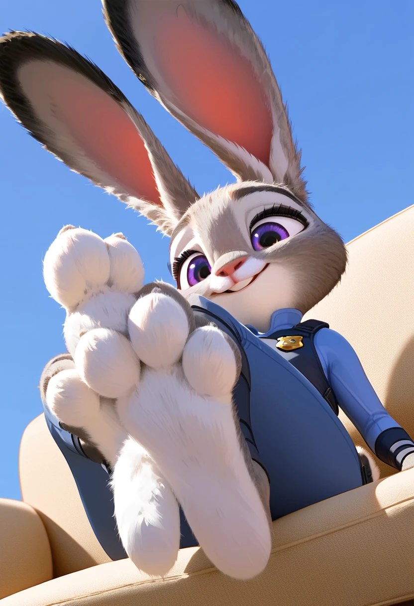 Solo, score_9,score_8_up score_7_up, anthro, female, Judy Hopps, rabbit, smiling, sitting on couch, laying down, close up, three toes, 3 toes, feet, rabbit paws, rabbit feet, fluffy feet, (focus on feet:1.2), (close up on feet:1.2), cute paws, furry paws, (sfw:1.2), cute, extreme low angle shot