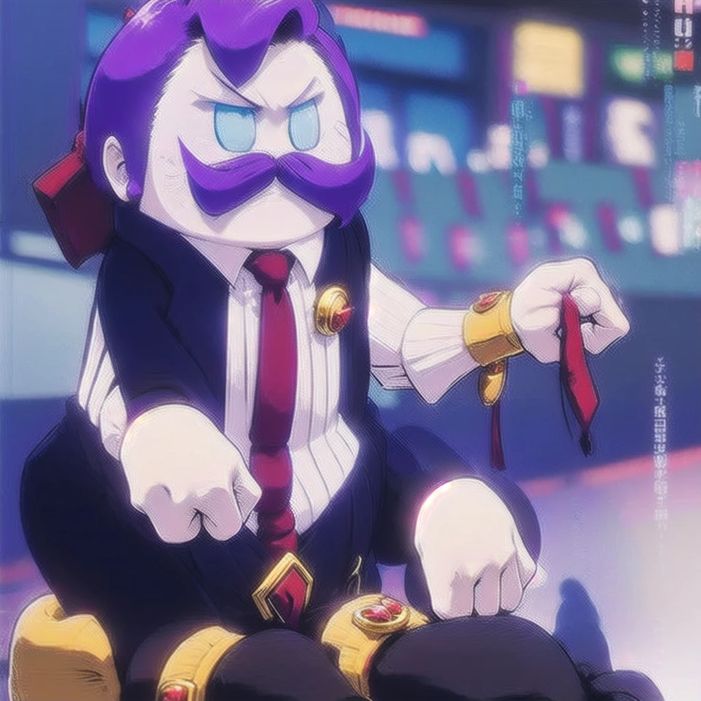 Haltmann, purple hair, purple mustache, round body, arms and hands, wearing a dark blue suit with pink vertical lining, pink shirt, red tie, black shoes, gold suit button with a red diamond, pale purple gloves, pink cuffs, pale purpmin, blue eyes, golden earpiece with antenna, in a office