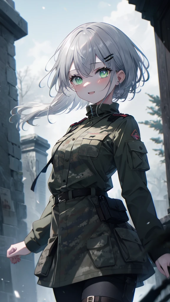 (8K, best quality, master piece: 1.3),super high resolution,1 girl, solo, cowboy shot ,ultra-detailed face, silme, (silver gray hair), thin hair clip, cyan colorshift eyes, expressive eyes, Ecstatic expression, Military style, nylon, cotton, camouflage, khaki, boots, belt, Mysterious graveyard, black, gray, green, dark and eerie