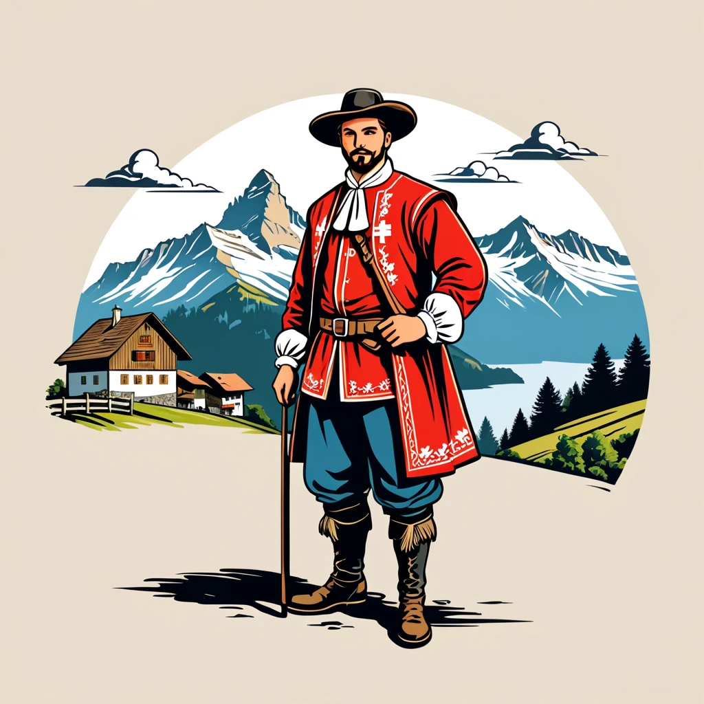 man in switzerland folk outfit, vector graphics, strong contours
