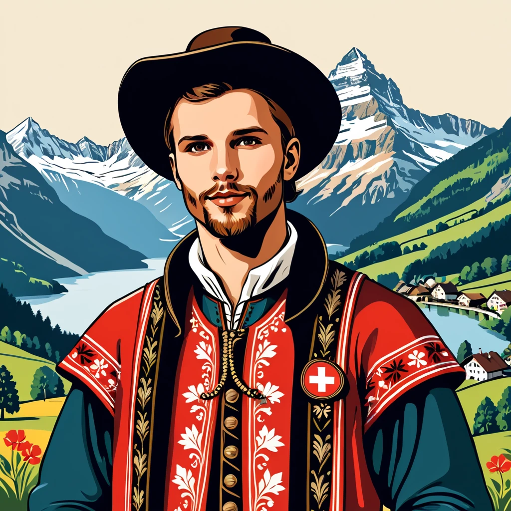 man in switzerland folk outfit, vector graphics, strong contours
