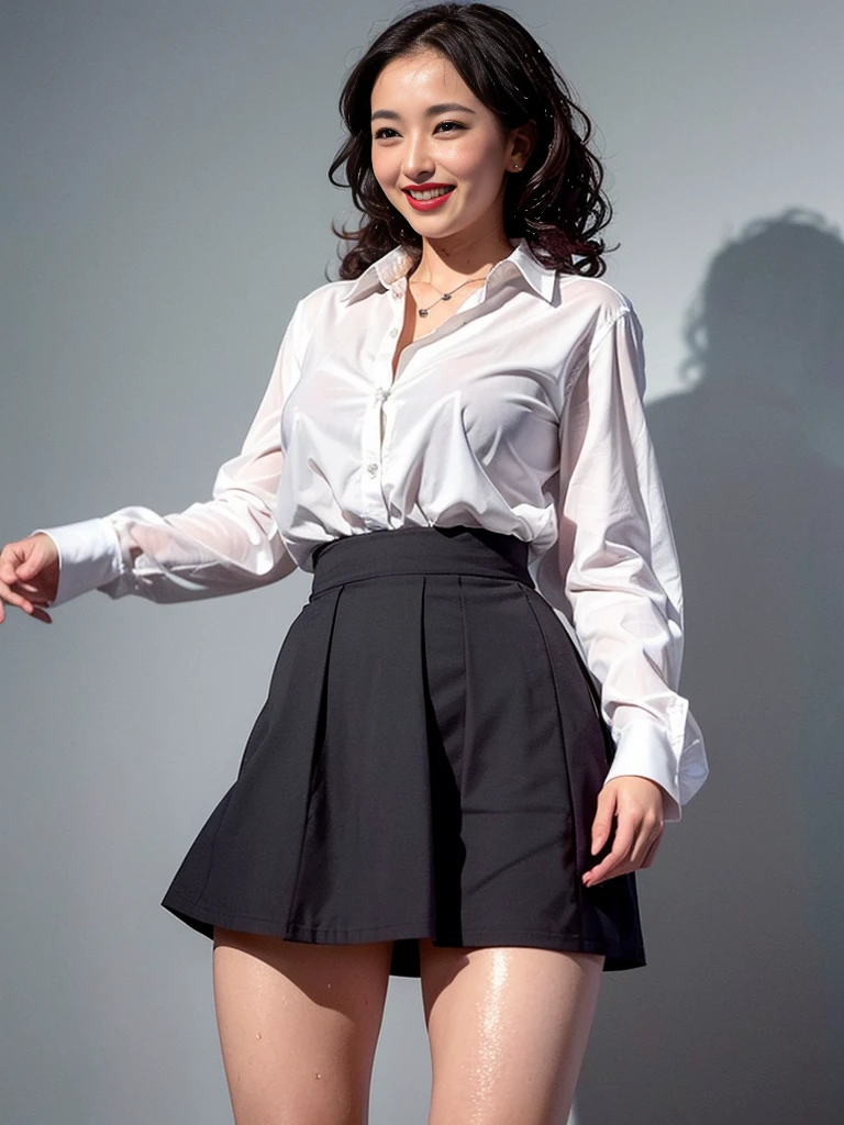 Gray background、pubic hair、Thighs、Red lipstick、Curly Hair、Disheveled Hair、Cute woman、high school girl、White shirt、smile、Open chest shirt、A wet shirt with underwear showing through、Wet Hair、Checkered mini skirt、