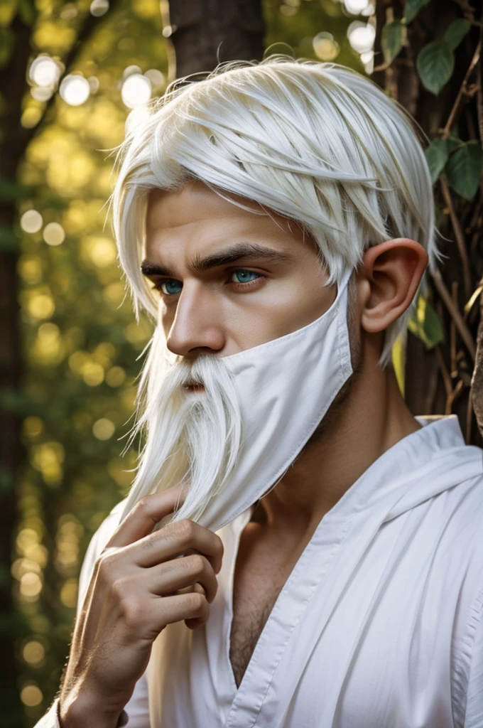 elf boy, yellow eyes, white hair covering his face