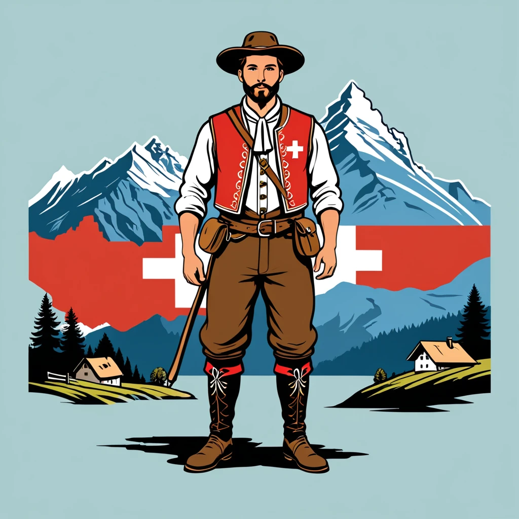 man in switzerland folk outfit, vector graphics, strong contours
