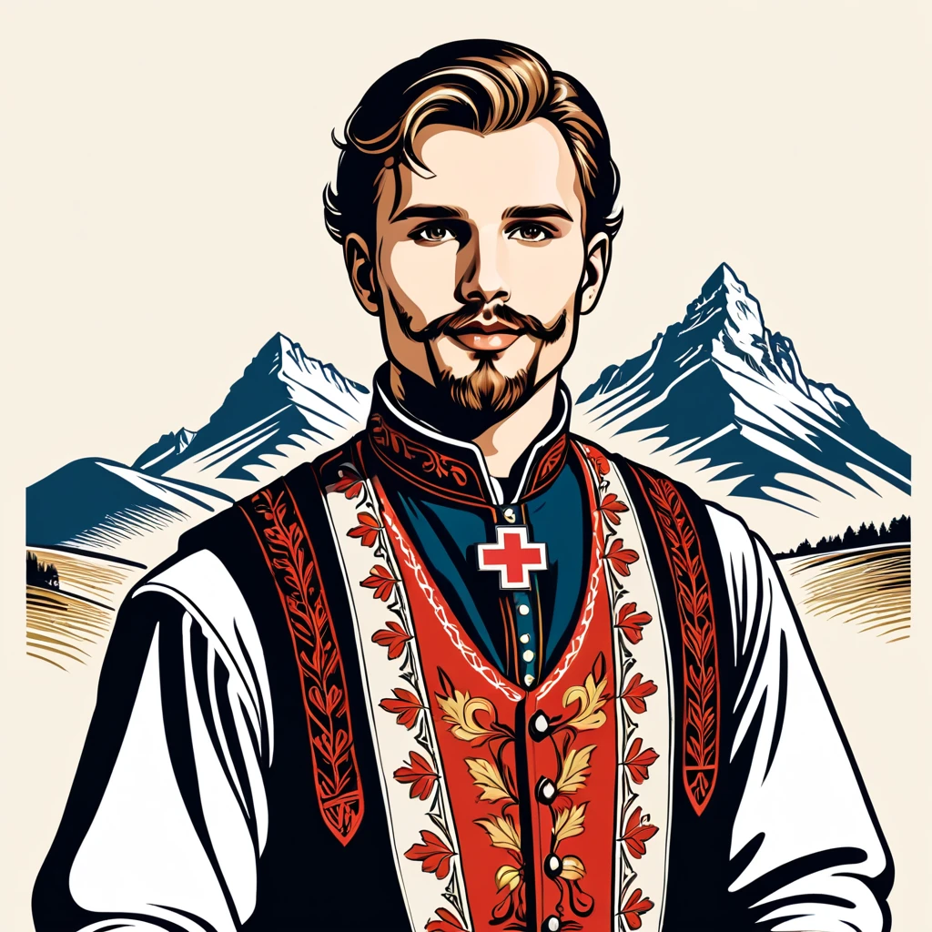 man in switzerland folk outfit, vector graphics, strong contours
