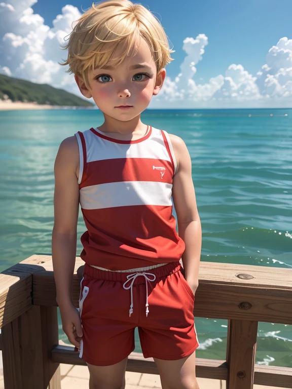 7 years old cute boy, Blonde hair, Wear red shorts, Sea background