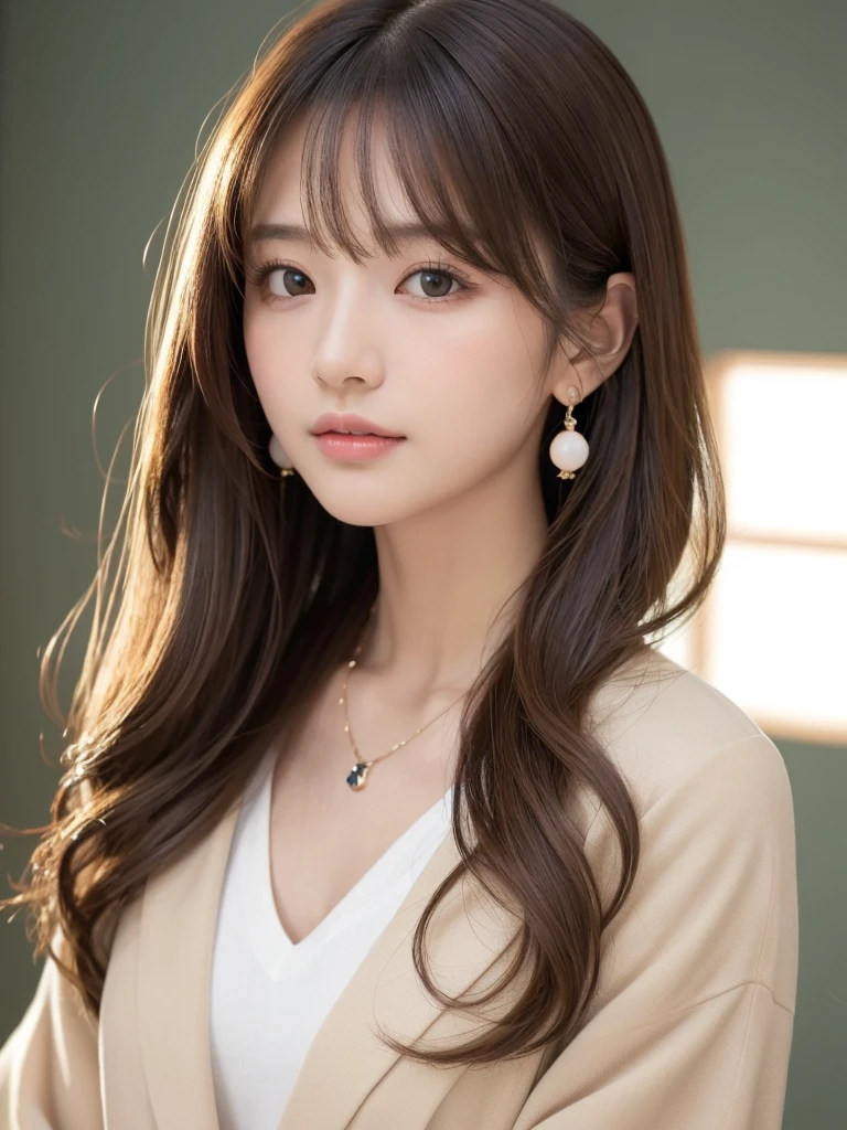 ((Highest quality, 8k, masterpiece:1.3)), concentrate: 1.2, Perfect body beauty: 1.4, Hips: 1.2, ((Long Hair, chest: 1.2)), (Dry clothes: 1.1) , (clear, Simple Background:1.3), Simple clothes: 1.1, Highly detailed face and skin texture,Delicate eyes, double eyelid, Whitened skin, Rough skin、Long Hair、Earrings with bangs、necklace、 solo、Beige coat、White shirt, (((Beautiful girl with cute Japan)))、 ((Beautiful Japanese girl 20 years old))、 ((Baby Face))、 (((Slender body)))、 Upper Body,Face focus、necklace,Simple Background,From above, Realistic Hair、 A photograph was taken:Canon EOS R6、135mm、1/1250 seconds、f2.8、ISO400、(Detailed explanation of the hand)、(Masseter muscle area)、(Exquisite CG)、Long Hair, loose and curly hair、Korean Hair、Long Hair明るいベージュ色、グラデーションハイライトグレージュのゆるふわLong Hairスタイル、