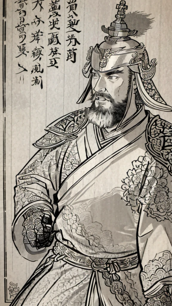 (((Monochrome)))、(((Man with open mouth)))、（（Men in ancient China））、（Ink Painting）、Highest quality、masterpiece、Ultra-high resolution、(Realistic:1.4)、Game Poster、Three bearded men of the kingdom,Oriental、As seen in the Romance of the Three Kingdoms々military commander、Crisp and beautiful image quality ,(((metal armor, metal dragon head on the shoulder, Holding a sword, (Skin of color, ), (metal armor with intricate pattern:1.2)))、 gloves, Long trousers, (Very detailed, bloom:1.5), (Highest quality, Concept Art, 4K), (analog:1.2), (high sharpness), (Detailed pupil:1.1),, Detailed face and eyes, masterpiece, Highest quality, (Very detailed:1.1), 8k, photoRealistic, (PurerosFace_v1:0.2), [:(Detailed face:1.2):0.2], sharp, Realistic, Realistic Shadow, 