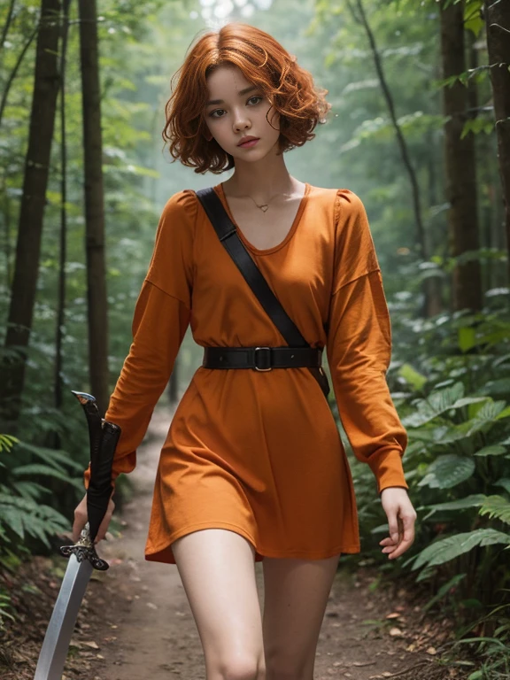 15 year old girl, Lovely, orange hair, very short, Very curly, slim, flat bust, with freckles on the face, with slavic features, with short casual dress, black color, of long sleeve, showing her legs, In the woods, walking, holding a sword in his right hand.