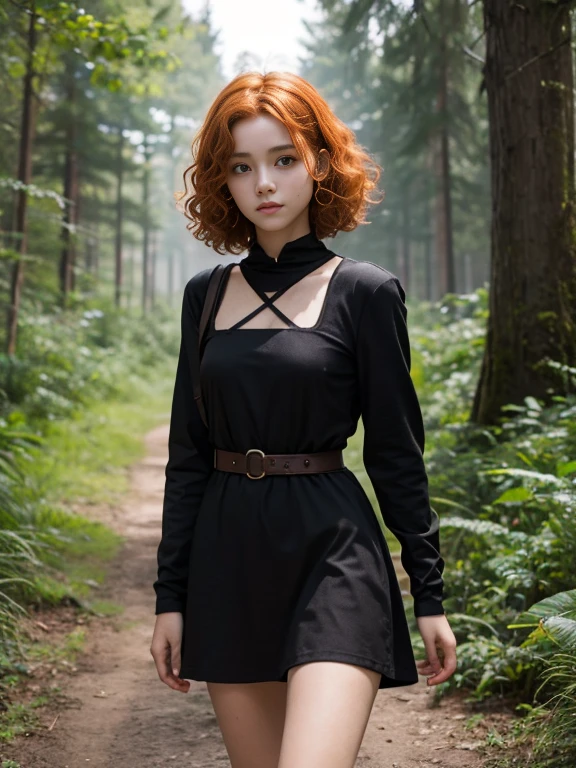 15 year old girl, Lovely, orange hair, very short, Very curly, slim, flat bust, with freckles on the face, with slavic features, with short casual dress, black color, of long sleeve, showing her legs, In the woods, walking, holding a sword in his right hand.