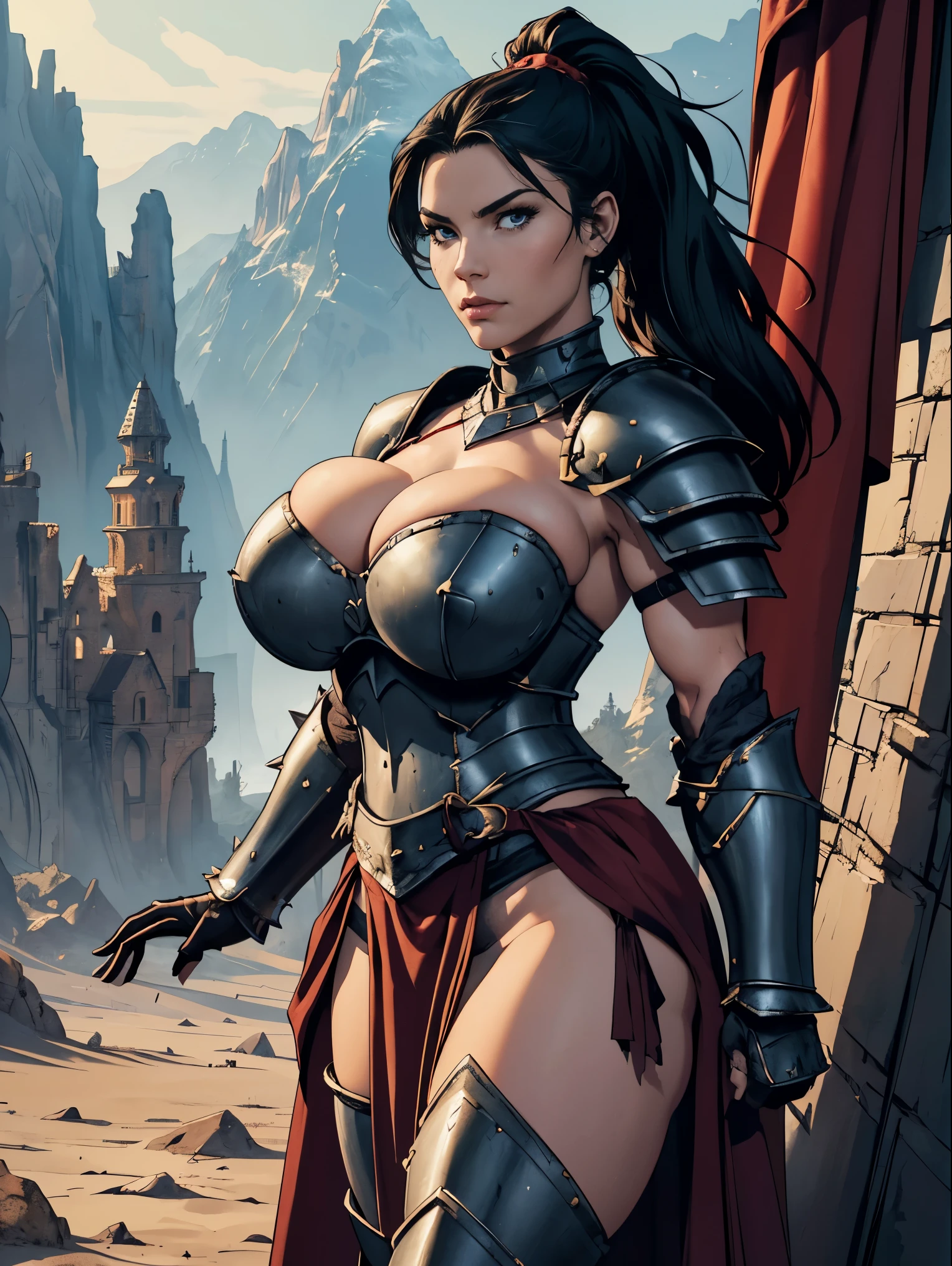 (masterpiece, top quality, best quality, official art, beautiful and aesthetic:1.2), (1girl:1.3), ((Sharp facial features, sharp features, hawkish features)), ((big hair, long black hair, ponytail)), big tiddy chaos warrior girl, extremely detailed, portrait, looking at viewer, solo, (full body:0.6), detailed background, full-body shot, (hot desert mountain theme:1.1), chaos warrior, (spiky helmet), charlatan, smirk, mysterious, swaying in mountains, armor, red metal, brass trim, long boots, dual axes, blood red fabric, pelvic curtain, loincloth, black leather, ((((armor, heavy armor, blood, armored, gigantic breasts, long legs, pelvic curtain, toned, muscular)))), cute belly button, toned tummy, slim waist, slim hips, long legs, medieval (mountain exterior:1.1) background, dark mysterious lighting, shadows, magical atmosphere, dutch angle