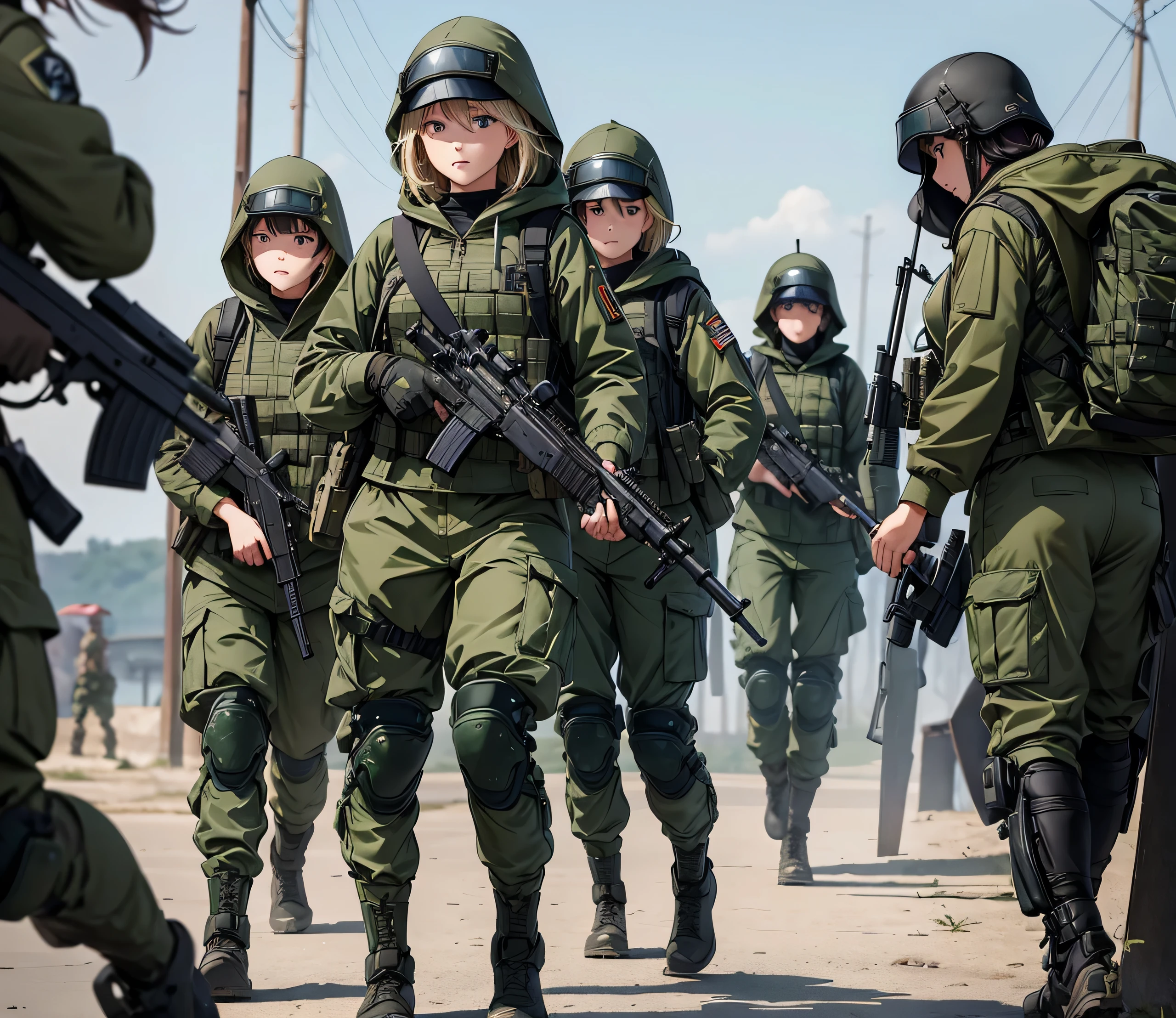A group of female soldiers aiming their guns forward,All wear dark green M-51 hooded military uniforms、Hooded on head、Magazine Pouch、Military Pants、Knee pads,Write details、masterpiece、best quality、Highly detailed CG、8K picture quality