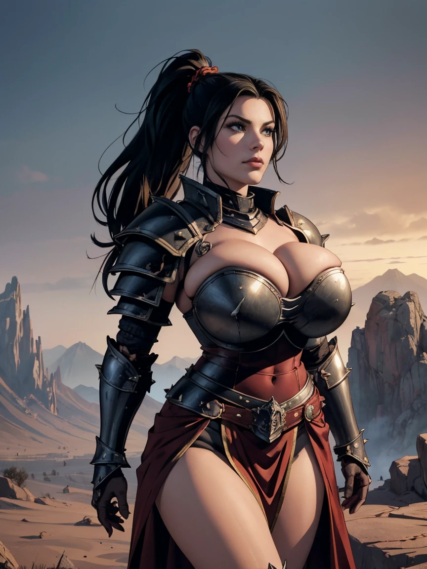 (masterpiece, top quality, best quality, official art, beautiful and aesthetic:1.2), (1girl:1.3), ((Sharp facial features, sharp features, hawkish features)), ((big hair, long black hair, ponytail)), big tiddy chaos warrior girl, extremely detailed, portrait, looking at viewer, solo, (full body:0.6), detailed background, full-body shot, (hot desert mountain theme:1.1), chaos warrior, (spiky helmet), charlatan, smirk, mysterious, swaying in mountains, armor, red metal, brass trim, long boots, dual axes, blood red fabric, pelvic curtain, loincloth, black leather, ((((armor, heavy armor, blood, armored, gigantic breasts, long legs, pelvic curtain, toned, muscular)))), cute belly button, toned tummy, slim waist, slim hips, long legs, medieval (mountain exterior:1.1) background, dark mysterious lighting, shadows, magical atmosphere, dutch angle