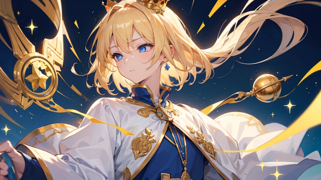 (Highest quality) (4K) (8k) (High resolution) (masterpiece:1.2) (Super detailed) One boy short hair Wizard Blue Eyes Long sleeve Golden decoration Hair between the eyes Closed Mouth White Dress Wavy golden hair Upper Body large crown (White Background) (Cast a spell) front Face close-up