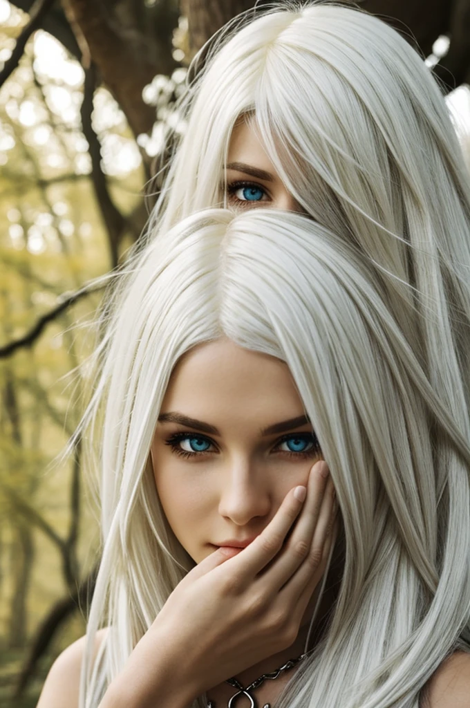 elf boy, yellow eyes, White hair, her hair covers her face