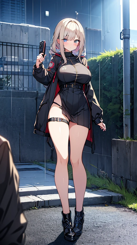 Full body image, フロント, One girl, 18-year-old, Mix 4, (32k, RAW Photos, Highest quality, masterpiece:1.2), (Anime-like, photoAnime-like:1.37), cute, ミニスカートのドレス, night, rain, Humidity, Professional Lighting, Photon Mapping, Radio City, Physically Based Rendering, Super Resolution, (Big Breasts:1.2), {{The biological weapon that had preyed on the younger sister took her place and reunited with the older brother.}}, Girl Skull, whole body, NSFW