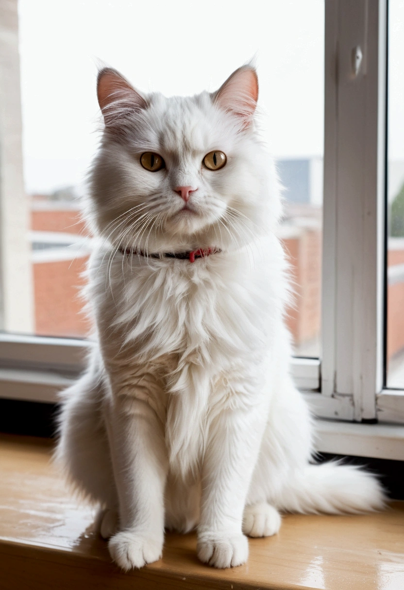 Cute and cool stickers, Cat, Fluffy cover, White Background,"A cute white cat named Milk with fluffy fur, sitting by a window and gazing dreamily at a boxing gym. The gym is filled with strong, determined boxers training hard. Milk looks small but has a determined expression."