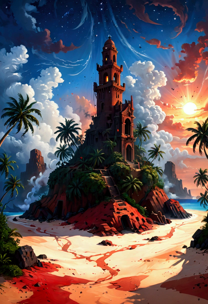 rafed, an oil painting of an island of mystery, an island of enigma, an island of secrecy, there some palm trees, white and red sand, some mist surrounds the island, it is the time between the night an day, the sun is in the horizon and some stars are still in the sky, the ruins of ancient tower are visible, veins crawling on it, dynamic angle, Ultra-high resolution, High Contrast, (masterpiece:1.5), highest quality, Best aesthetics), 16K fantasy art, best details, best quality, highres, ultra wide angle, 16k, [ultra detailed], masterpiece, best quality, (extremely detailed), 