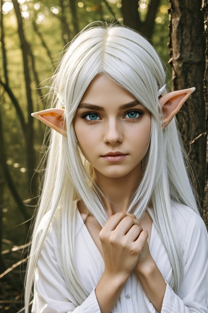 elf boy, yellow eyes, White hair, her hair covers her face