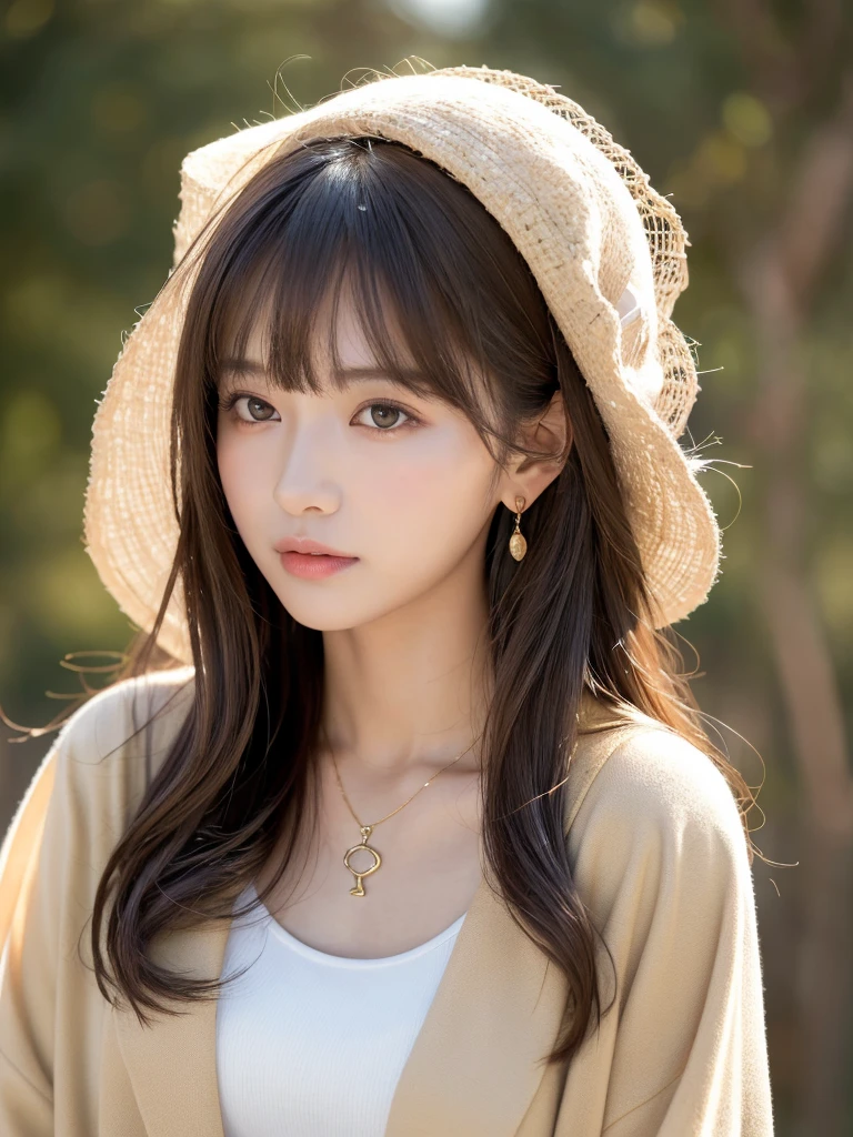 ((Highest quality, 8k, masterpiece:1.3)), concentrate: 1.2, Perfect body beauty: 1.4, Hips: 1.2, ((Long Hair, chest: 1.2)), (Dry clothes: 1.1) , (clear, Simple Background:1.3), Simple clothes: 1.1, Highly detailed face and skin texture,Delicate eyes, double eyelid, Whitened skin, Rough skin、Long Hair、Earrings with bangs、necklace、 solo、Beige coat、White shirt, (((Beautiful girl with cute Japan)))、 ((Beautiful Japanese girl 20 years old))、 ((Baby Face))、 (((Slender body)))、 Upper Body,Face focus、necklace,Simple Background,From above, Realistic Hair、 A photograph was taken:Canon EOS R6、135mm、1/1250 seconds、f2.8、ISO400、(Detailed explanation of the hand)、(Masseter muscle area)、(Exquisite CG)、Long Hair, loose and curly hair、Korean Hair、Long Hair明るいベージュ色、グラデーションハイライトグレージュのゆるふわLong Hairスタイル、